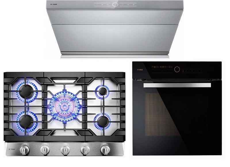 Fotile 3-Piece Appliance Package - 30" Natural Gas Cooktop in Stainless Steel, 30" 850 CFM Under Cabinet Range Hood in Silver Grey Tempered Glass, & Built-in Wall Oven