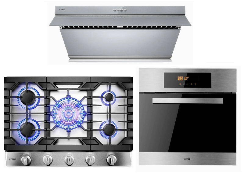 Fotile 3-Piece Appliance Package - 30" Natural Gas Cooktop in Stainless Steel, 30" 850 CFM Under Cabinet Range Hood in Silver Grey Tempered Glass, & Built-in Wall Oven