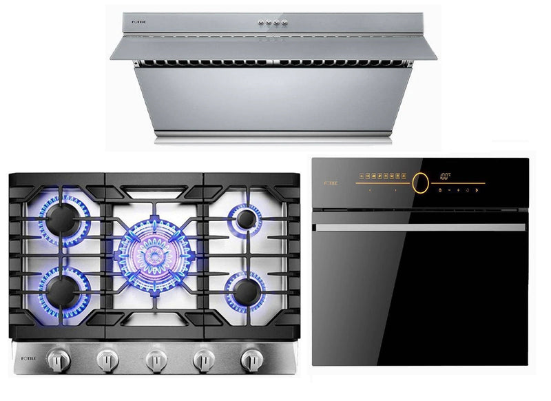 Fotile 3-Piece Appliance Package - 30" Natural Gas Cooktop in Stainless Steel, 30" 850 CFM Under Cabinet Range Hood in Silver Grey Tempered Glass, & Built-in Wall Oven