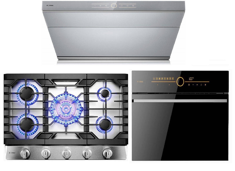 Fotile 3-Piece Appliance Package - 30" Natural Gas Cooktop in Stainless Steel, 30" 850 CFM Under Cabinet Range Hood in Silver Grey Tempered Glass, & Built-in Wall Oven