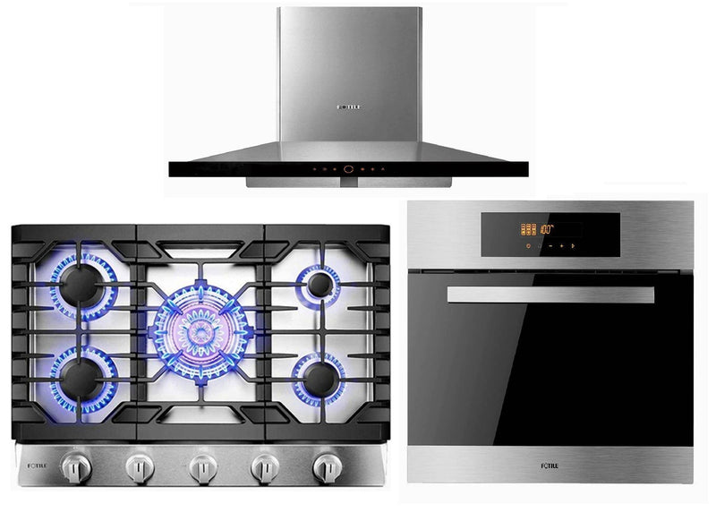 Fotile 3-Piece Appliance Package - 30" Natural Gas Cooktop in Stainless Steel, 36" 900 CFM Wall Mount Range Hood in Stainless Steel & Built-in Wall Oven