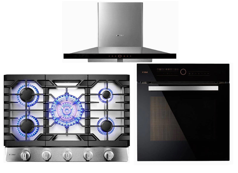 Fotile 3-Piece Appliance Package - 30" Natural Gas Cooktop in Stainless Steel, 36" 900 CFM Wall Mount Range Hood in Stainless Steel & Built-in Wall Oven