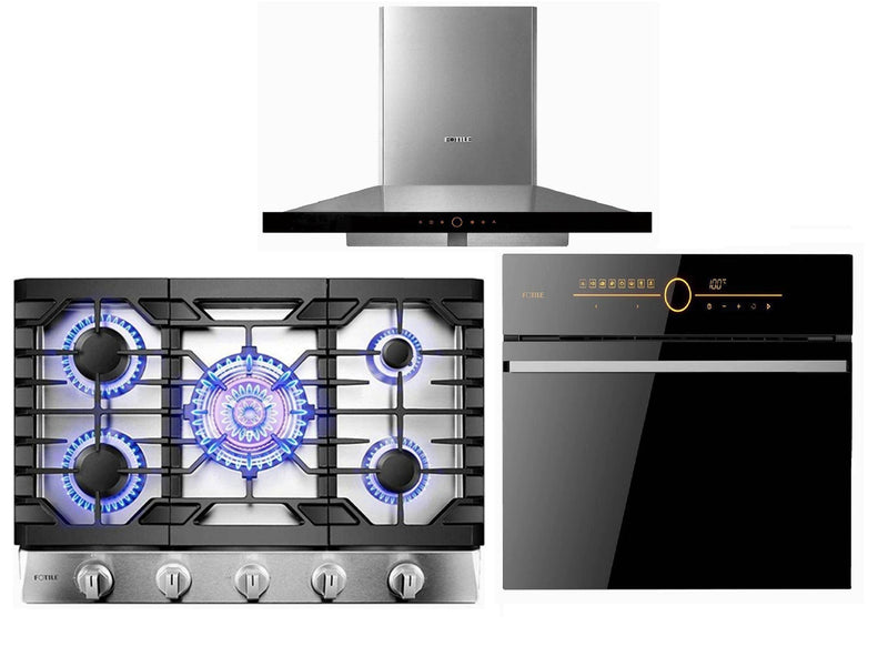 Fotile 3-Piece Appliance Package - 30" Natural Gas Cooktop in Stainless Steel, 36" 900 CFM Wall Mount Range Hood in Stainless Steel & Built-in Wall Oven