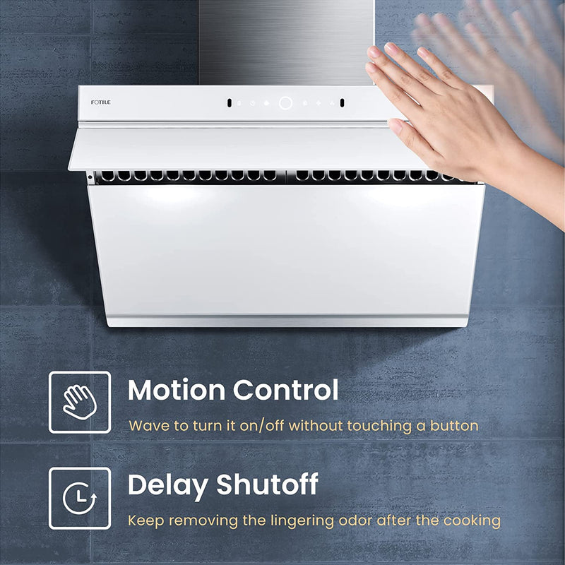 Fotile Slant Vent Series 30-inch 1000 CFM Under Cabinet or Wall Mount Range Hood with 2 LED lights, Motion and Touch Activation in  White Tempered Glass (JQG7505-W)