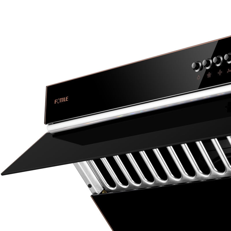 Fotile Slant Vent Series 30-inch 850 CFM  Under Cabinet or Wall Mount Range Hood with 2 LED lights, and Push Buttons in Onyx Black Tempered Glass (JQG7522)