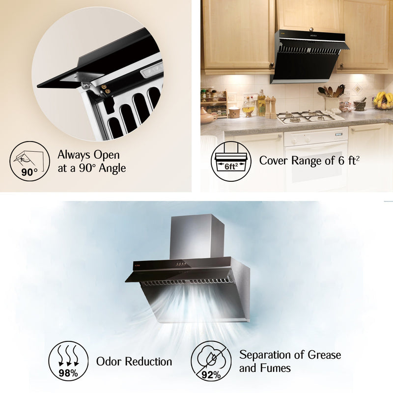 Fotile Slant Vent Series 30-inch 850 CFM  Under Cabinet or Wall Mount Range Hood with 2 LED lights, and Push Buttons in Onyx Black Tempered Glass (JQG7522)