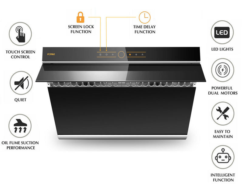 Fotile Slant Vent Series 30-inch 850 CFM  Under Cabinet or Wall Mount Range Hood with 2 LED lights, and Touchscreen in Onyx Black Tempered Glass (JQG7501)