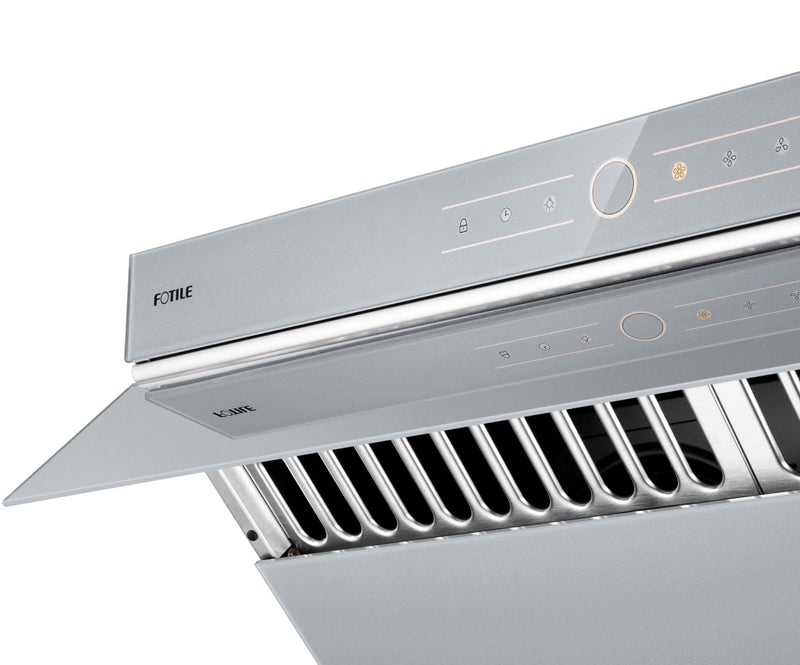 Fotile Slant Vent Series 30-inch 850 CFM Under Cabinet or Wall Mount Range Hood with 2 LED lights, and Touchscreen in Silver Grey Tempered Glass (JQG7501.G)