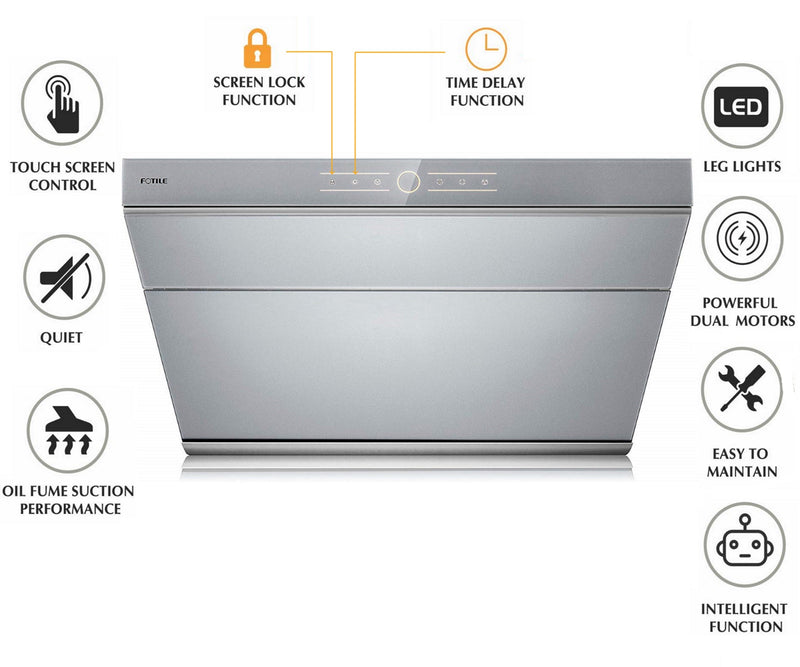 Fotile Slant Vent Series 30-inch 850 CFM Under Cabinet or Wall Mount Range Hood with 2 LED lights, and Touchscreen in Silver Grey Tempered Glass (JQG7501.G)