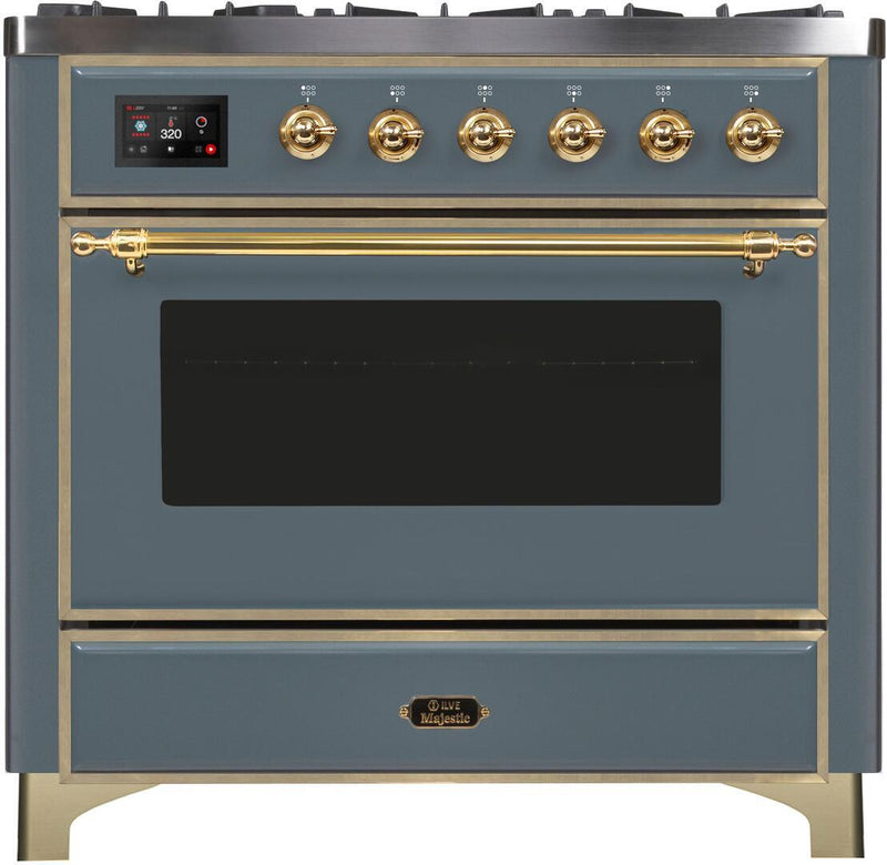 ILVE 36" Majestic II Dual Fuel Range with 6 Brass Burners and Griddle - 3.5 cu. ft. Oven - TFT Oven Control Display - in Blue Grey with Brass Trim (UM09FDNS3BGG)