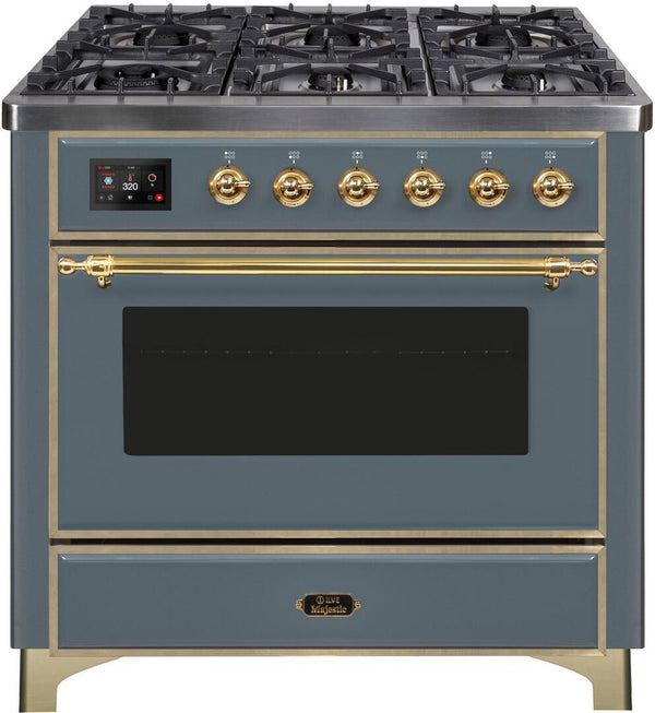 ILVE 36" Majestic II Dual Fuel Range with 6 Brass Burners and Griddle - 3.5 cu. ft. Oven - TFT Oven Control Display - in Blue Grey with Brass Trim (UM09FDNS3BGG)