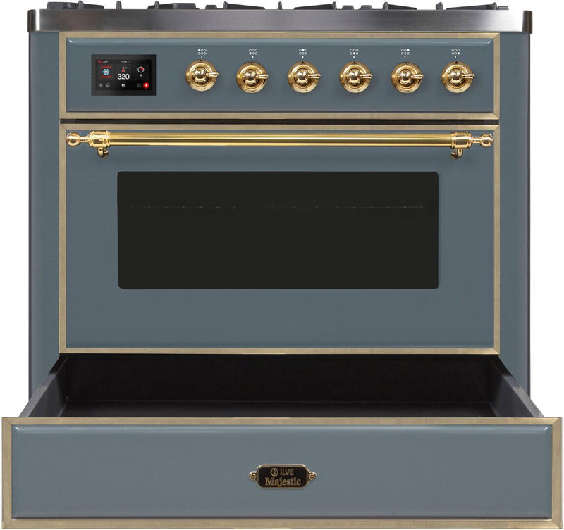 ILVE 36" Majestic II Dual Fuel Range with 6 Brass Burners and Griddle - 3.5 cu. ft. Oven - TFT Oven Control Display - in Blue Grey with Brass Trim (UM09FDNS3BGG)