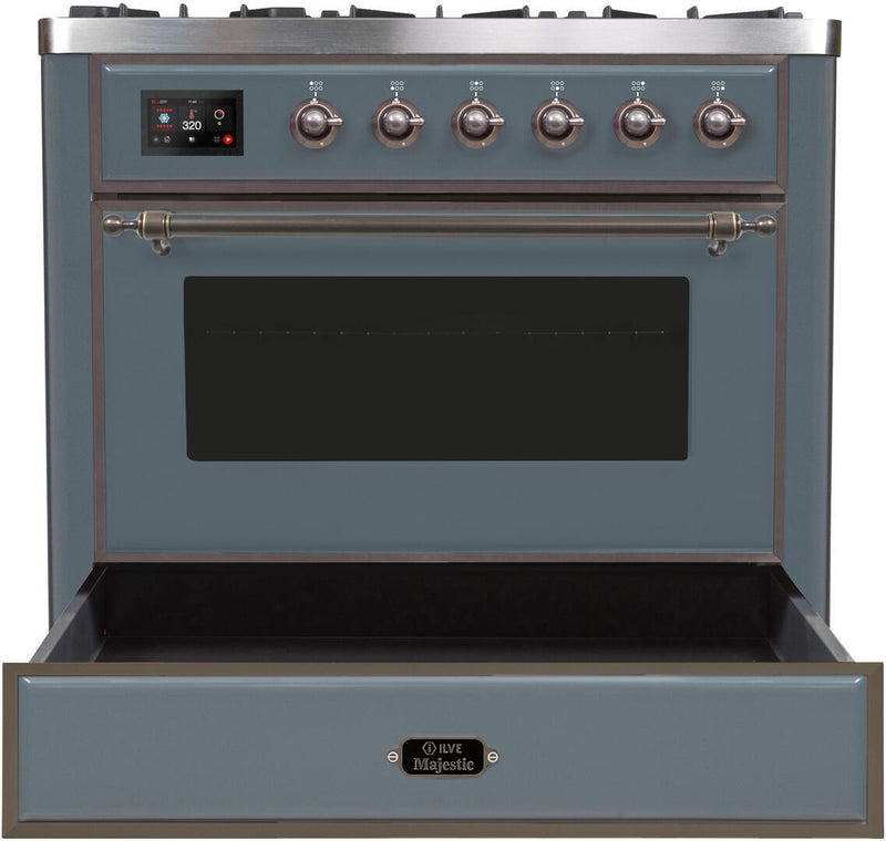 ILVE 36" Majestic II Dual Fuel Range with 6 Brass Burners and Griddle - 3.5 cu. ft. Oven - TFT Oven Control Display in Blue Grey with Bronze Trim (UM09FDNS3BGB)