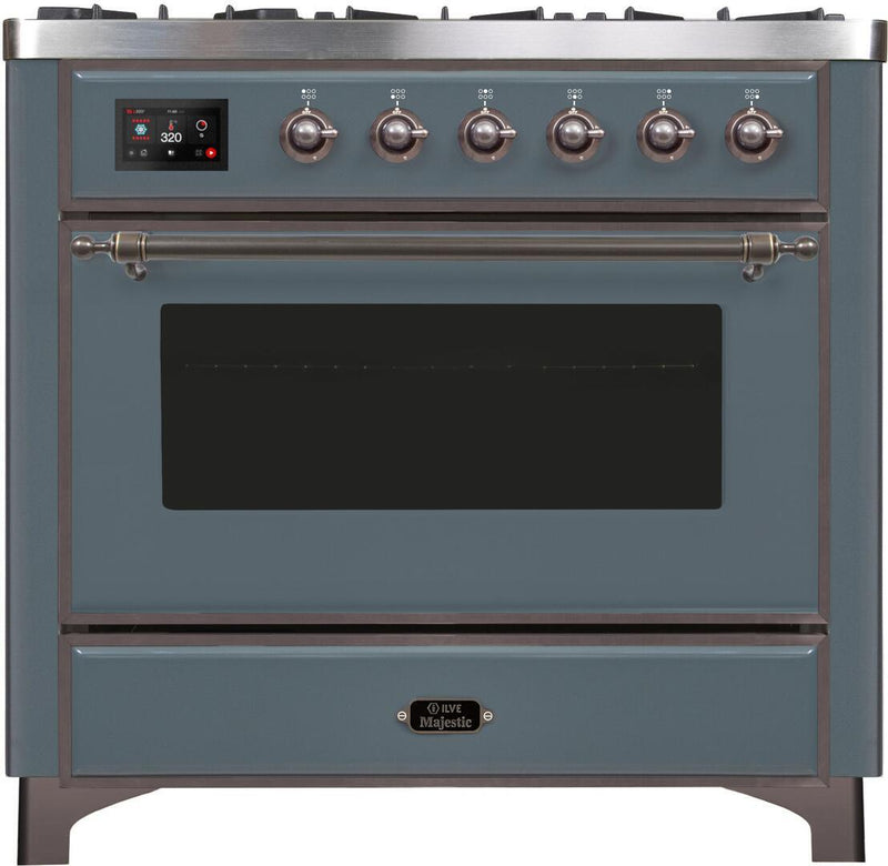 ILVE 36" Majestic II Dual Fuel Range with 6 Brass Burners and Griddle - 3.5 cu. ft. Oven - TFT Oven Control Display in Blue Grey with Bronze Trim (UM09FDNS3BGB)