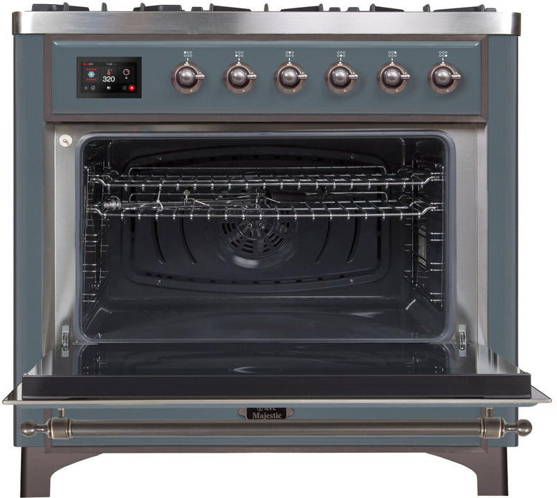 ILVE 36" Majestic II Dual Fuel Range with 6 Brass Burners and Griddle - 3.5 cu. ft. Oven - TFT Oven Control Display in Blue Grey with Bronze Trim (UM09FDNS3BGB)