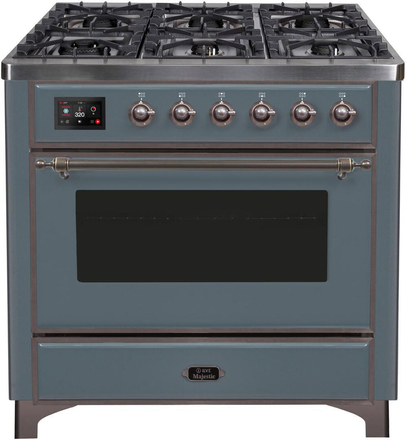 ILVE 36" Majestic II Dual Fuel Range with 6 Brass Burners and Griddle - 3.5 cu. ft. Oven - TFT Oven Control Display in Blue Grey with Bronze Trim (UM09FDNS3BGB)