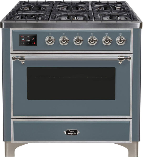 ILVE 36" Majestic II Dual Fuel Range with 6 Brass Burners and Griddle - 3.5 cu. ft. Oven - TFT Oven Control Display - in Blue Grey with Chrome Trim (UM09FDNS3BGC)