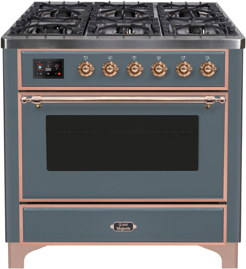 ILVE 36" Majestic II Dual Fuel Range with 6 Burners and Griddle - 3.5 cu. ft. Oven - TFT Oven Control Display - in Blue Grey with Copper Trim (UM09FDNS3BGP)