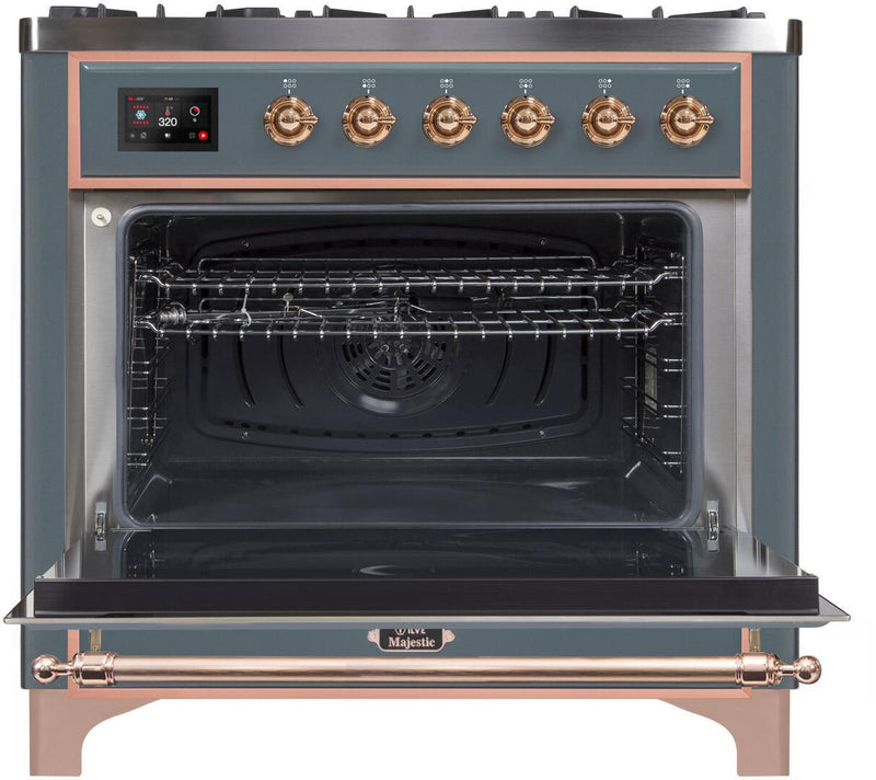 ILVE 36" Majestic II Dual Fuel Range with 6 Burners and Griddle - 3.5 cu. ft. Oven - TFT Oven Control Display - in Blue Grey with Copper Trim (UM09FDNS3BGP)