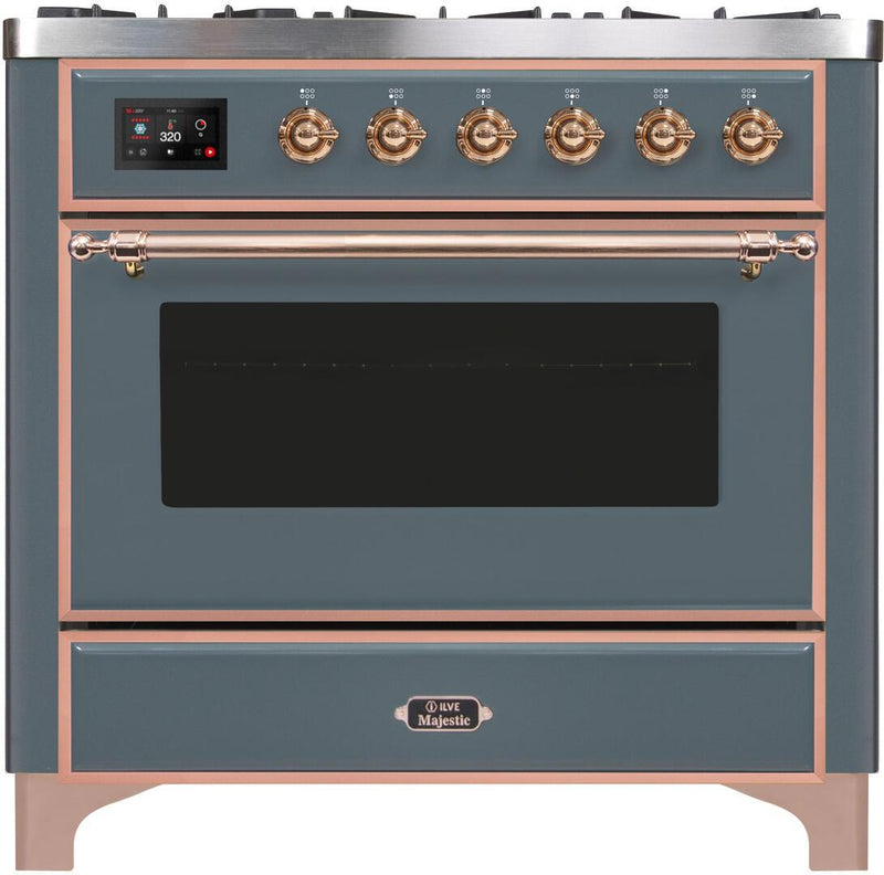 ILVE 36" Majestic II Dual Fuel Range with 6 Burners and Griddle - 3.5 cu. ft. Oven - TFT Oven Control Display - in Blue Grey with Copper Trim (UM09FDNS3BGP)