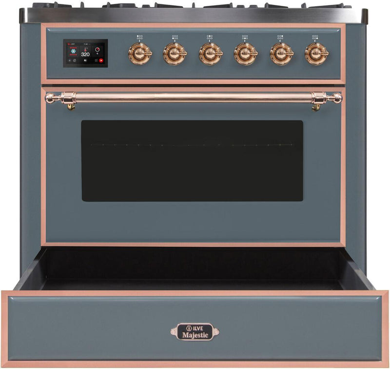 ILVE 36" Majestic II Dual Fuel Range with 6 Burners and Griddle - 3.5 cu. ft. Oven - TFT Oven Control Display - in Blue Grey with Copper Trim (UM09FDNS3BGP)