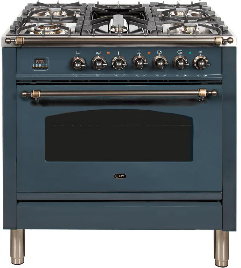 ILVE 36" Nostalgie Series Freestanding Single Oven Dual Fuel Range with 5 Sealed Burners and Griddle in Blue Grey with Bronze Trim (UPN90FDMPGUY)