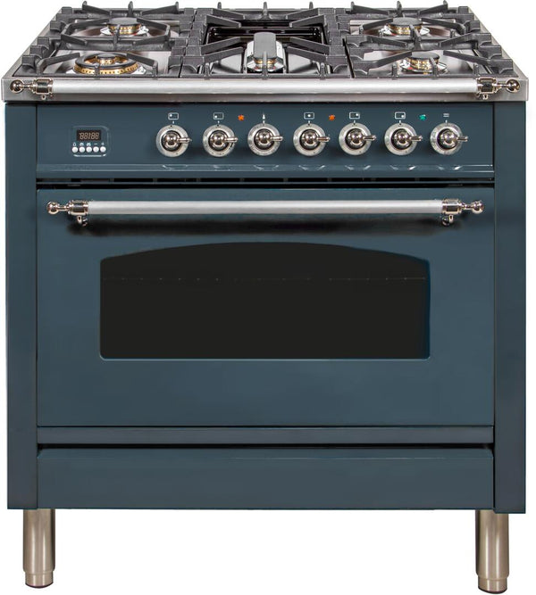 ILVE 36" Nostalgie Series Freestanding Single Oven Dual Fuel Range with 5 Sealed Burners and Griddle in Blue Grey with Chrome Trim (UPN90FDMPGUX)