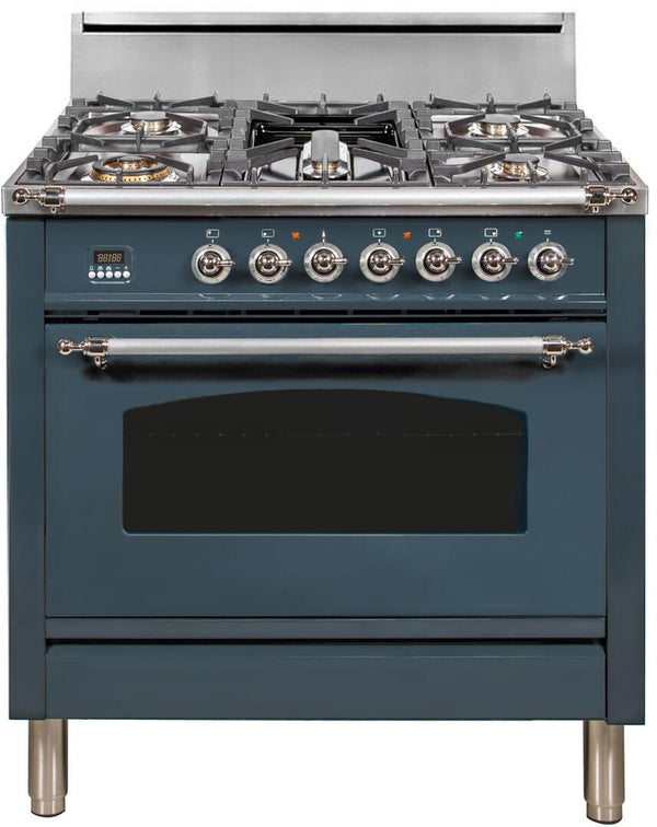 ILVE 36" Nostalgie Series Freestanding Single Oven Gas Range with 5 Sealed Burners and Griddle, High Back, in Blue Grey with Chrome Trim (UPN90FDVGGGUX)