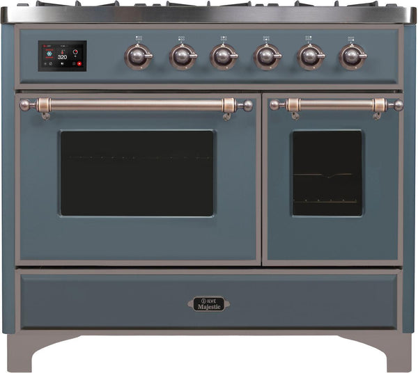 ILVE 40" Majestic II Series Freestanding Dual Fuel Double Windowed Oven Range with 6 Sealed Burners in Blue Grey with Bronze Trim (UMD10FDNS3BGB)