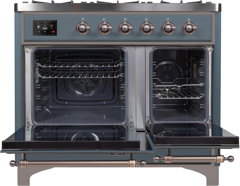 ILVE 40" Majestic II Series Freestanding Dual Fuel Double Windowed Oven Range with 6 Sealed Burners in Blue Grey with Bronze Trim (UMD10FDNS3BGB)