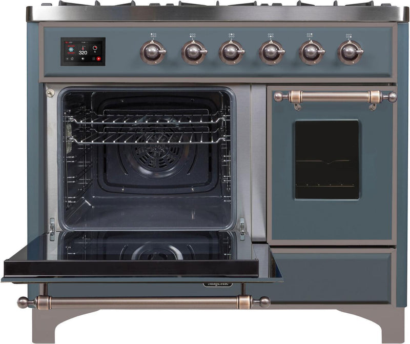 ILVE 40" Majestic II Series Freestanding Dual Fuel Double Windowed Oven Range with 6 Sealed Burners in Blue Grey with Bronze Trim (UMD10FDNS3BGB)