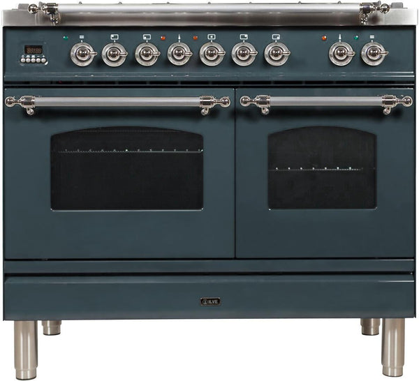 ILVE 40" Nostalgie Series Freestanding Double Oven Dual Fuel Range with 5 Sealed Burners and Griddle in Blue Grey with Chrome Trim (UPDN100FDMPGUX)