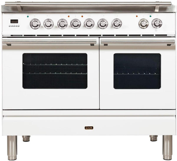 ILVE 40" Professional Plus Series Freestanding Double Oven Dual Fuel Range with 5 Sealed Burners and Griddle in White with Chrome Trim (UPDW100FDMPB)