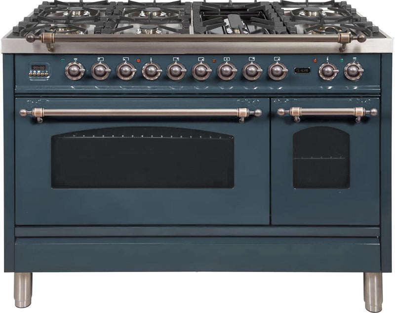 ILVE 48" Nostalgie Series Freestanding Double Oven Dual Fuel Range with 7 Sealed Burners and Griddle in Blue Grey with Bronze Trim (UPN120FDMPGUY)