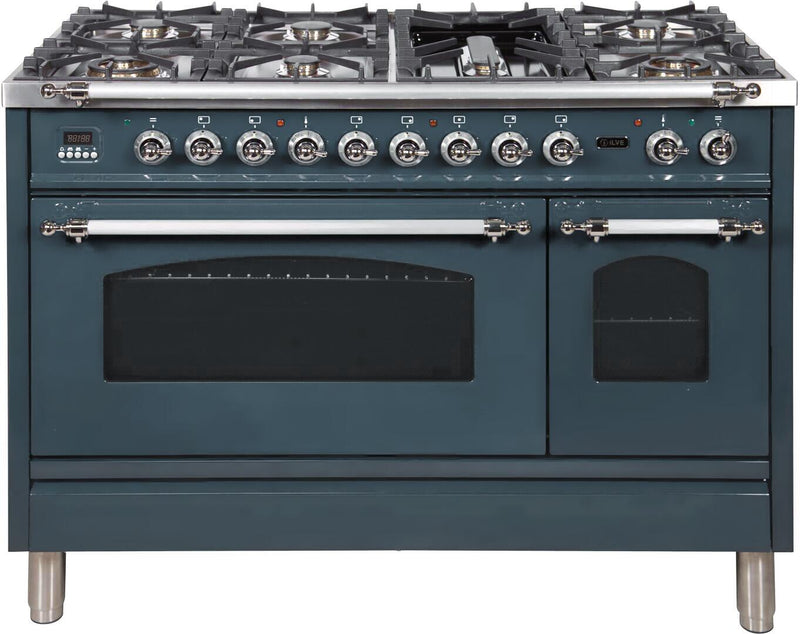 ILVE 48" Nostalgie Series Freestanding Double Oven Dual Fuel Range with 7 Sealed Burners and Griddle in Blue Grey with Chrome Trim (UPN120FDMPGUX)