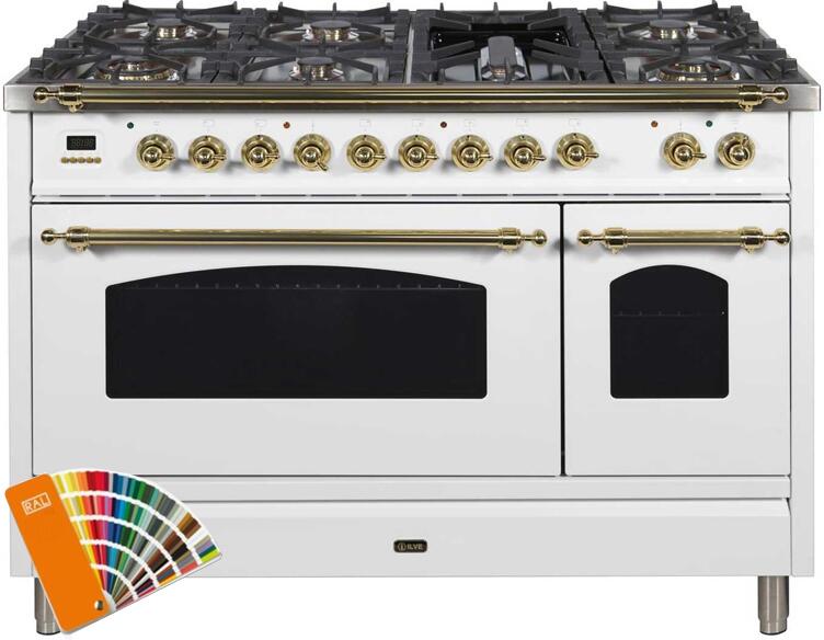 ILVE 48" Nostalgie Series Freestanding Double Oven Dual Fuel Range with 7 Sealed Burners and Griddle in Custom RAL Color with Brass Trim (UPN120FDMPRAL)