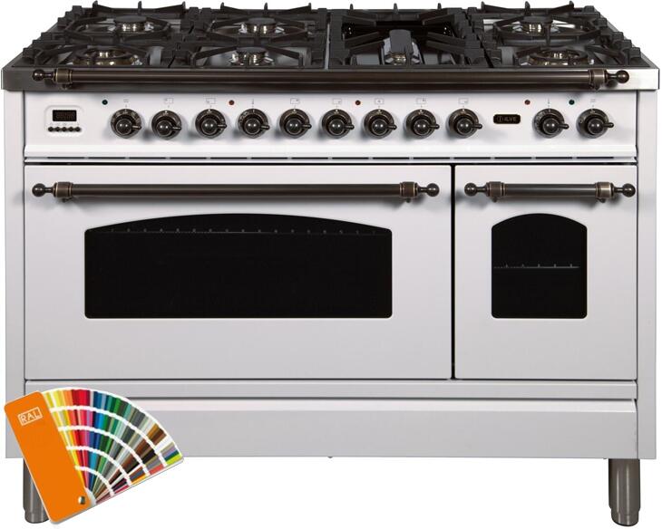 ILVE 48" Nostalgie Series Freestanding Double Oven Dual Fuel Range with 7 Sealed Burners and Griddle in Custom RAL Color with Bronze Trim (UPN120FDMPRALY)