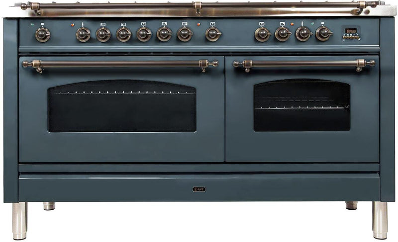 ILVE 60" Nostalgie Series Freestanding Double Oven Dual Fuel Range with 8 Sealed Burners and Griddle in Blue Grey with Bronze Trim (UPN150FDMPGUY)