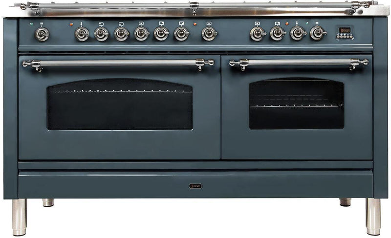 ILVE 60" Nostalgie Series Freestanding Double Oven Dual Fuel Range with 8 Sealed Burners and Griddle in Blue Grey with Chrome Trim (UPN150FDMPGUX)