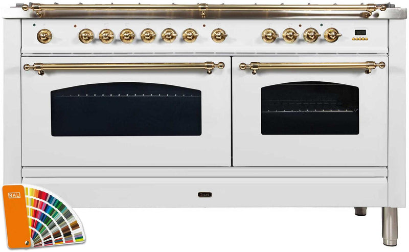 ILVE 60" Nostalgie Series Freestanding Double Oven Dual Fuel Range with 8 Sealed Burners and Griddle in Custom RAL Color with Brass Trim (UPN150FDMPRAL)