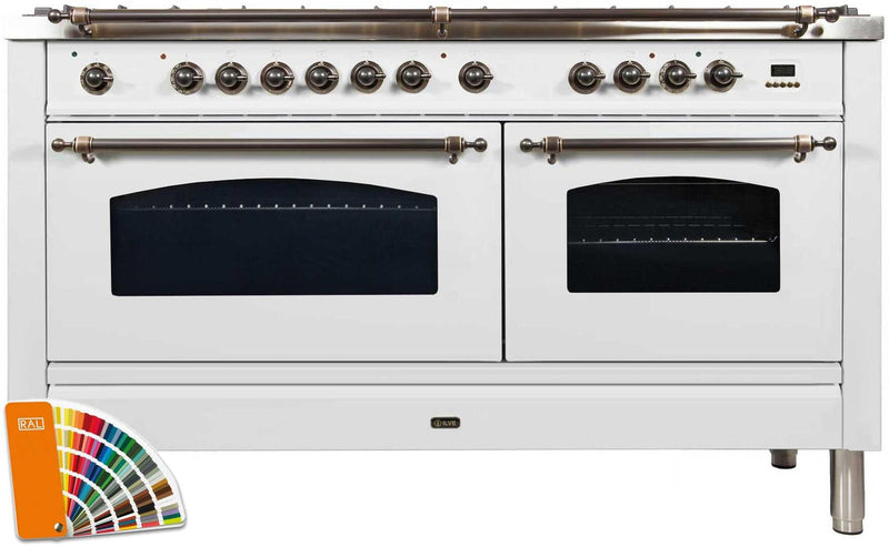 ILVE 60" Nostalgie Series Freestanding Double Oven Dual Fuel Range with 8 Sealed Burners and Griddle in Custom RAL Color with Bronze Trim (UPN150FDMPRALY)