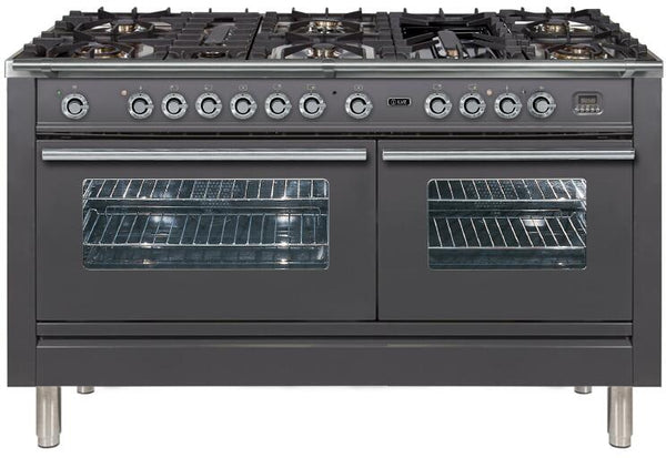 ILVE 60" Professional Plus Series Freestanding Double Oven Duel Fuel Range with 8 Sealed Burners in Matte Graphite with Chrome Trim (UPW150FDMPM)