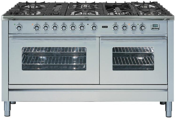 ILVE 60" Professional Plus Series Freestanding Double Oven Duel Fuel Range with 8 Sealed Burners in Stainless Steel with Chrome Trim (UPW150FDMPI)