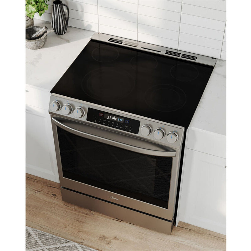 Midea 30" Smart Slide-in Electric Range with 5 Elements Wi-Fi Enabled, 6.3 Cu. Ft. Total Oven Capacity, Pro Style with True Convection in Stainless Steel (MES30S4AST)