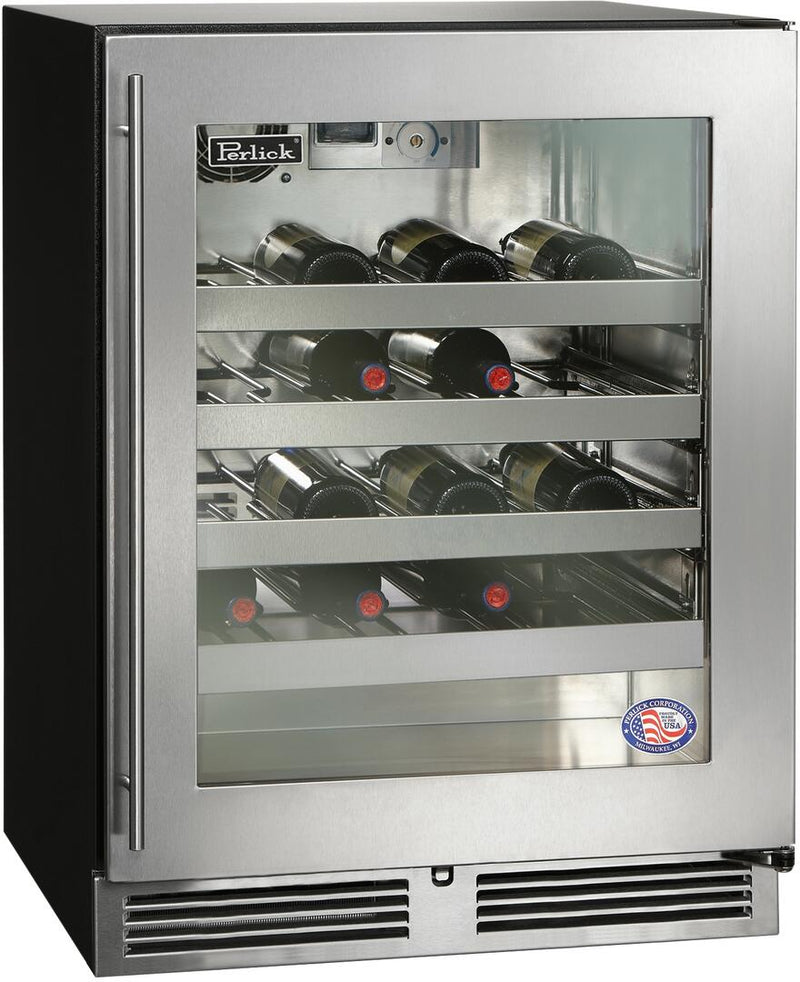 Perlick 24" Built-In Single Zone Wine Cooler with 32 Bottle Capacity in Stainless Steel with Glass Door (HA24WB-4-3L & HA24WB-4-3R)