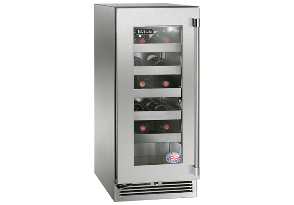 Perlick Signature Series 15" Built-In Single Zone Wine Cooler with 20 Bottle Capacity in Stainless Steel with Glass Door (HP15WS-4-3L & HP15WS-4-3R)