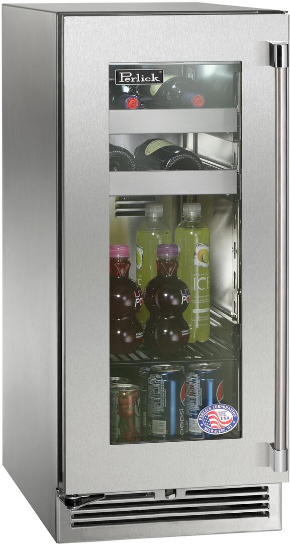 Perlick Signature Series 15" Outdoor 2.8 cu. ft. Capacity Built-In Glass Door Beverage Center with 2.8 cu. ft. Capacity in Stainless Steel with Glass Door (HP15BO-4-3L & HP15BO-4-3R)