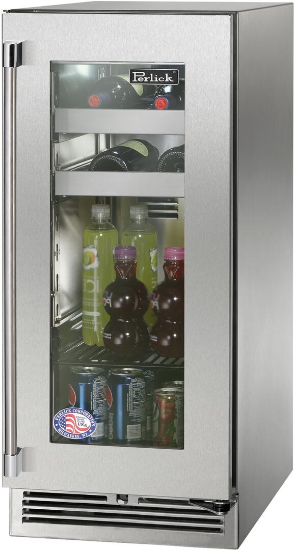 Perlick Signature Series 15" Outdoor 2.8 cu. ft. Capacity Built-In Glass Door Beverage Center with 2.8 cu. ft. Capacity in Stainless Steel with Glass Door (HP15BO-4-3L & HP15BO-4-3R)