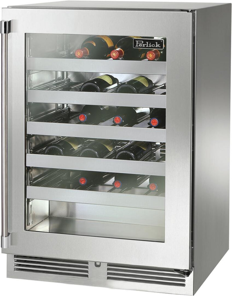 Perlick Signature Series 24" Built-In Single Zone Wine Cooler with 45 Bottle Capacity in Stainless Steel with Glass Door (HP24WS-4-3L & HP24WS-4-3R)