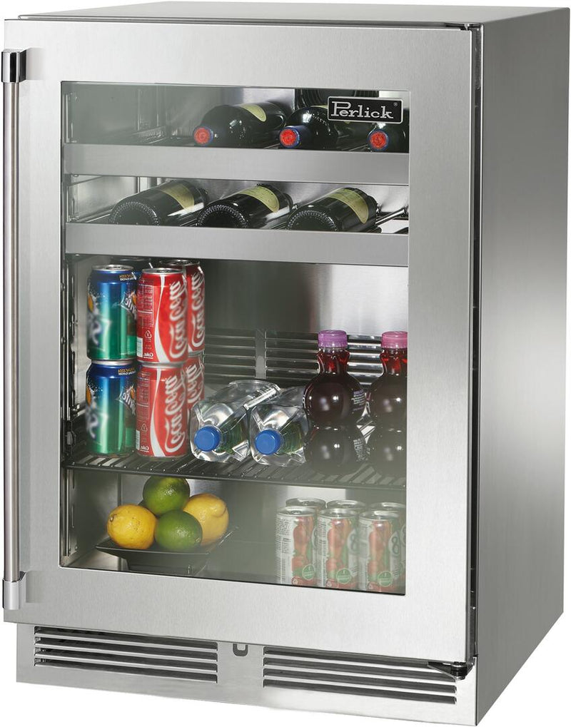 Perlick Signature Series 24" Outdoor 5.2 cu. ft. Capacity Built-In Glass Door Beverage Center with 5.2 cu. ft. Capacity in Stainless Steel with Glass Door (HP24BO-4-3L & HP24BO-4-3R)